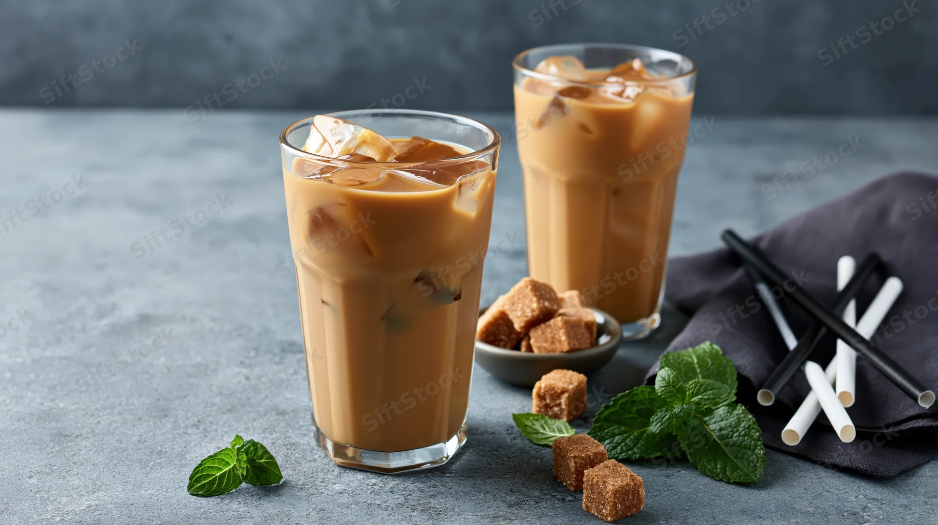 Two tall glasses of iced coffee with milk and ice on a gray stone surface with mint leaves, sugar cubes, and straws nearby