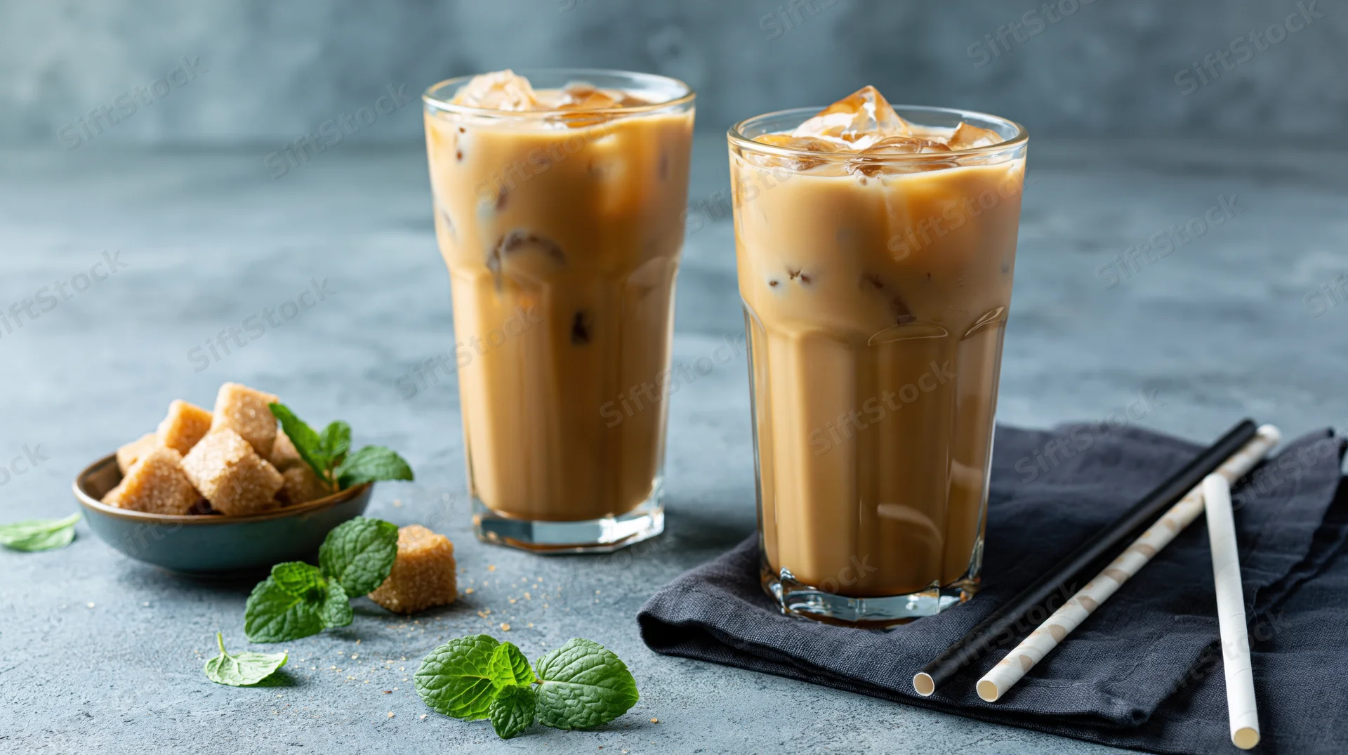 Two tall glasses of iced coffee with milk and ice cubes on a gray stone surface with mint leaves and sugar cubes nearby