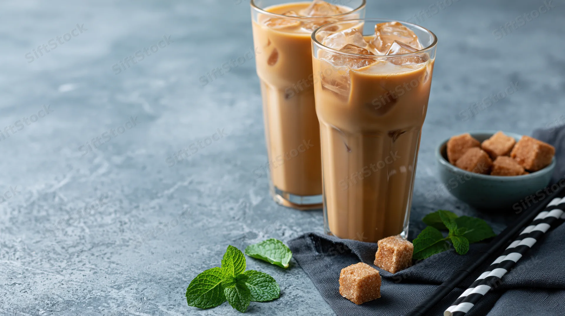 Two tall glasses of iced coffee with milk and ice cubes on a gray stone surface with mint leaves, sugar cubes, and striped straws nearby