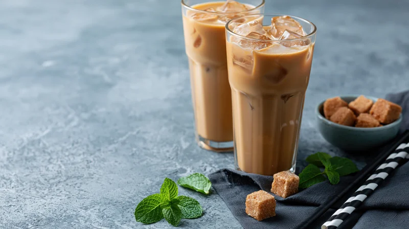 Two tall glasses of iced coffee with milk and ice cubes on a gray stone surface with mint leaves, sugar cubes, and striped straws nearby