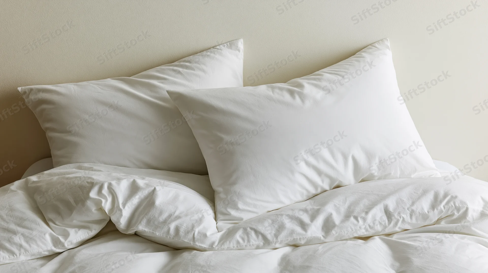 Two white pillows resting on a rumpled white duvet in a bedroom