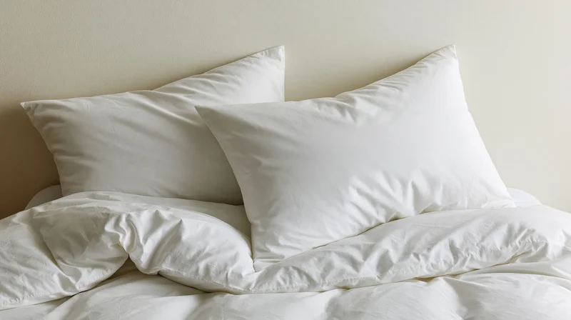 Two white pillows resting on a rumpled white duvet in a bedroom