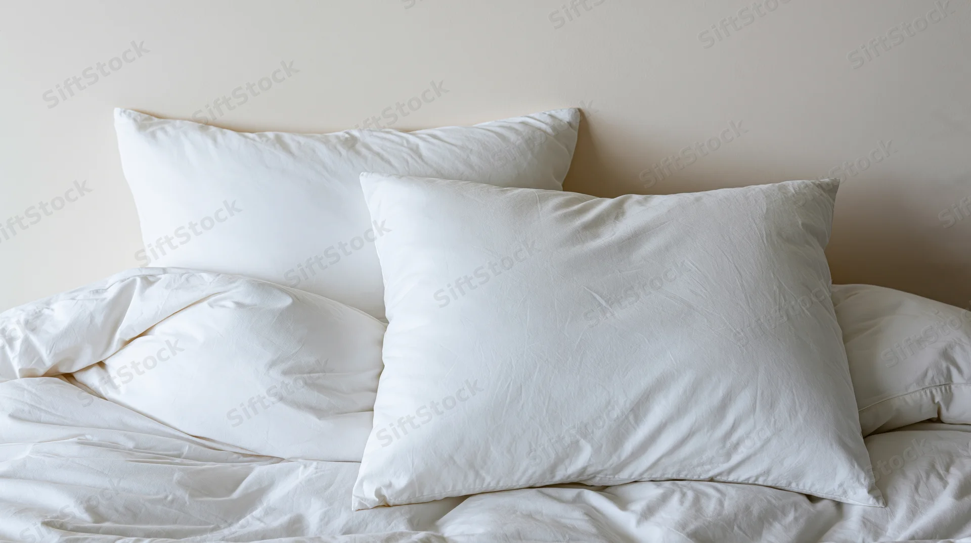 Two white pillows resting on a rumpled white duvet in a bedroom