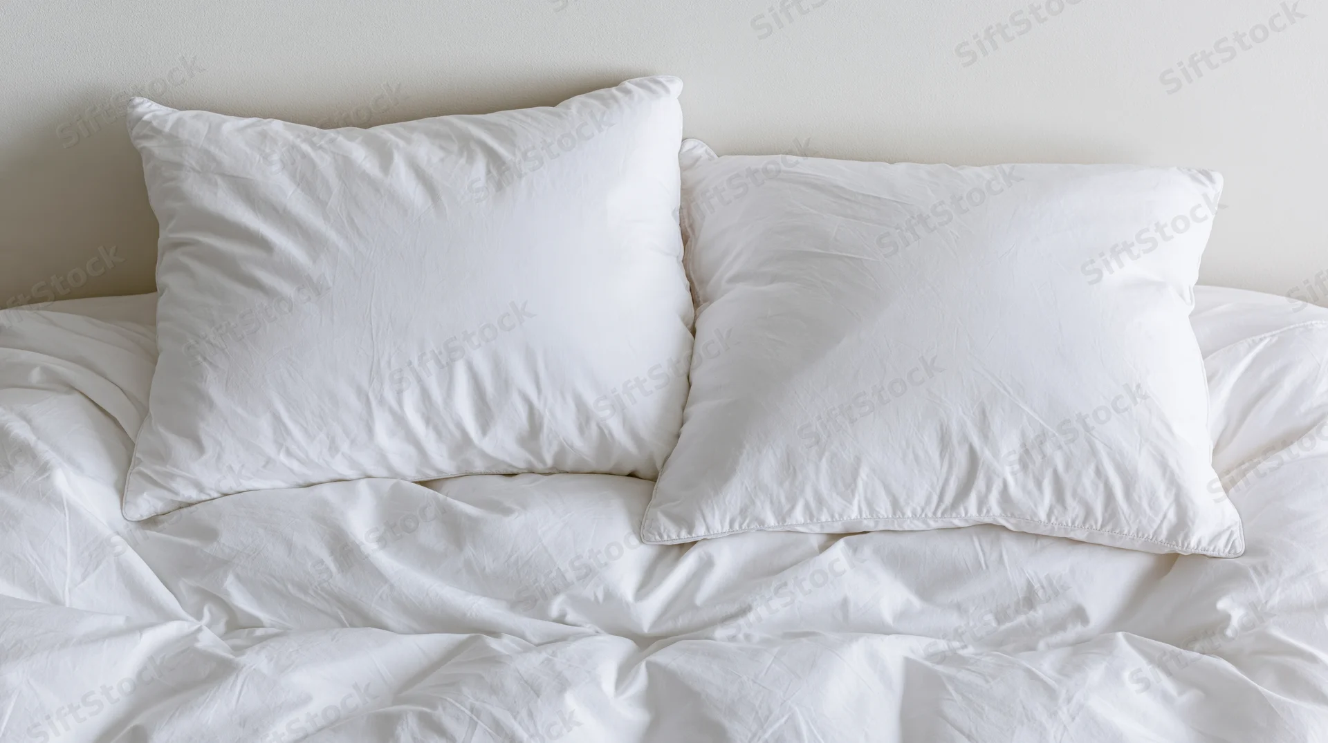 Two white pillows resting on a rumpled white bedsheet against a plain wall