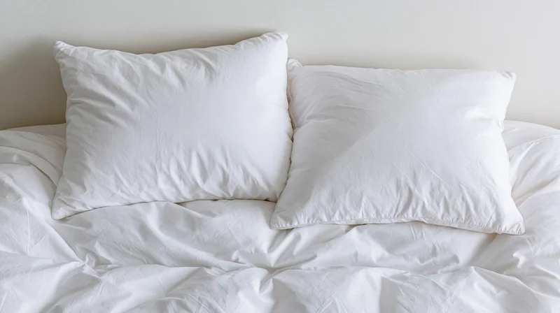 Two white pillows resting on a rumpled white bedsheet against a plain wall