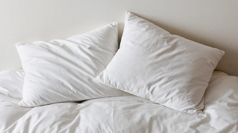 Two white pillows resting on a rumpled white bed against a plain wall