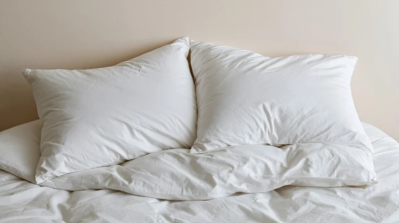 Two white pillows resting on a rumpled white duvet in a bedroom