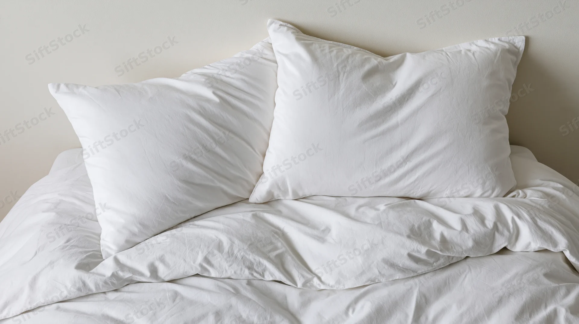 Two white pillows resting on a rumpled white duvet in a bedroom
