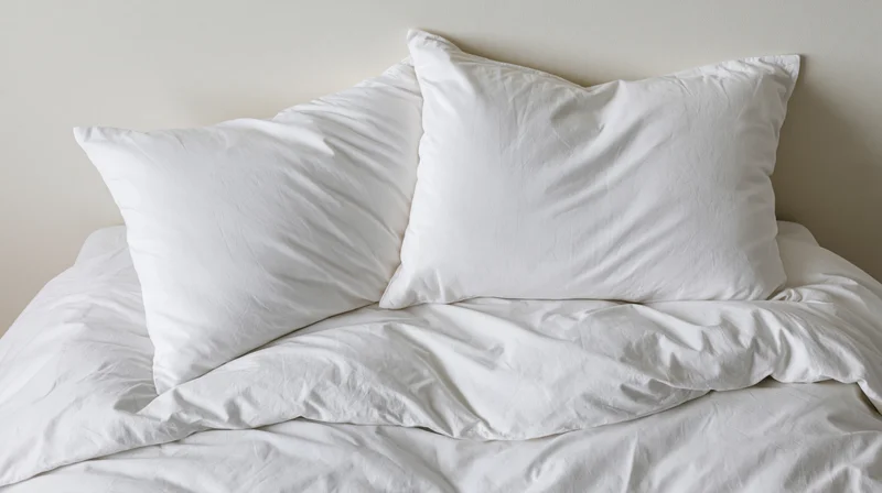 Two white pillows resting on a rumpled white duvet in a bedroom