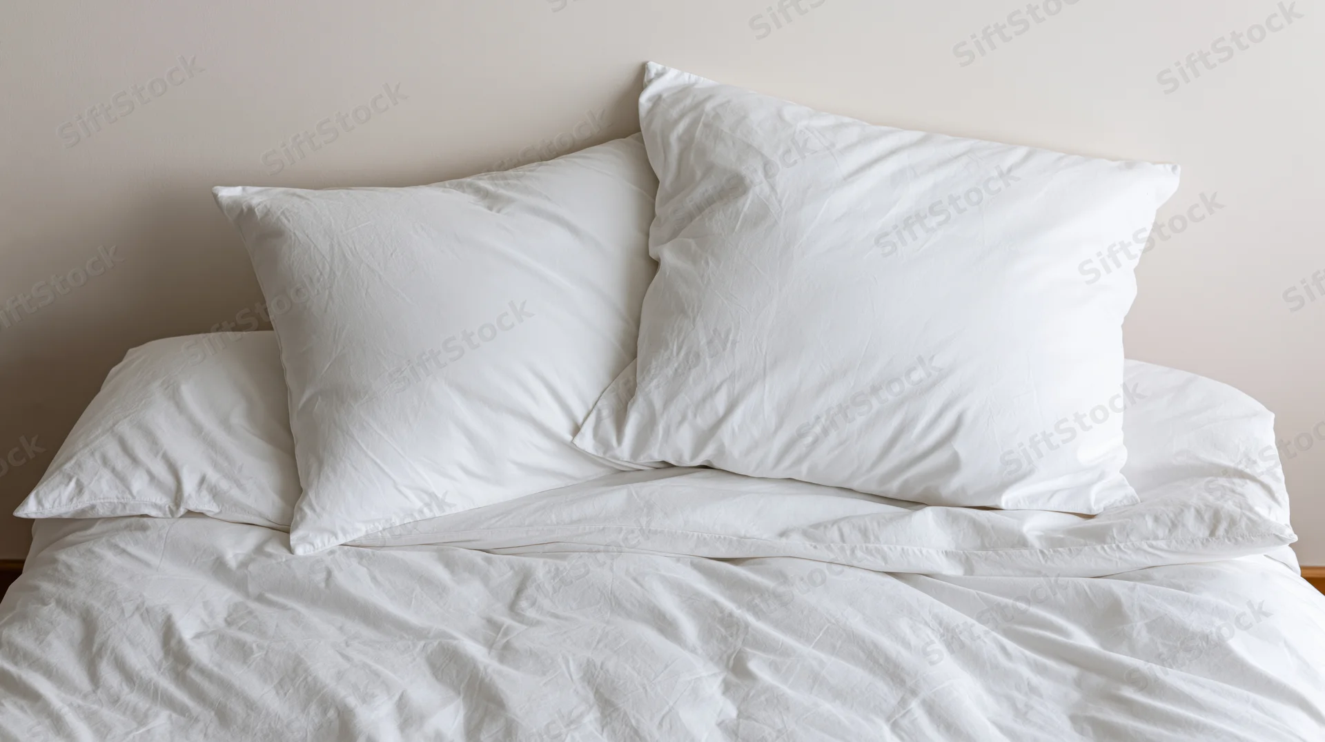 Two white pillows resting against a folded white duvet on a bed