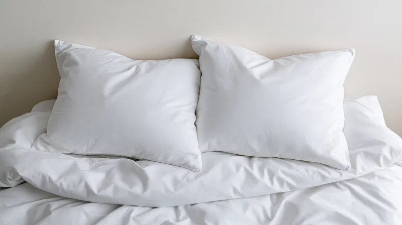 Two white pillows resting on a crumpled white duvet in a bedroom