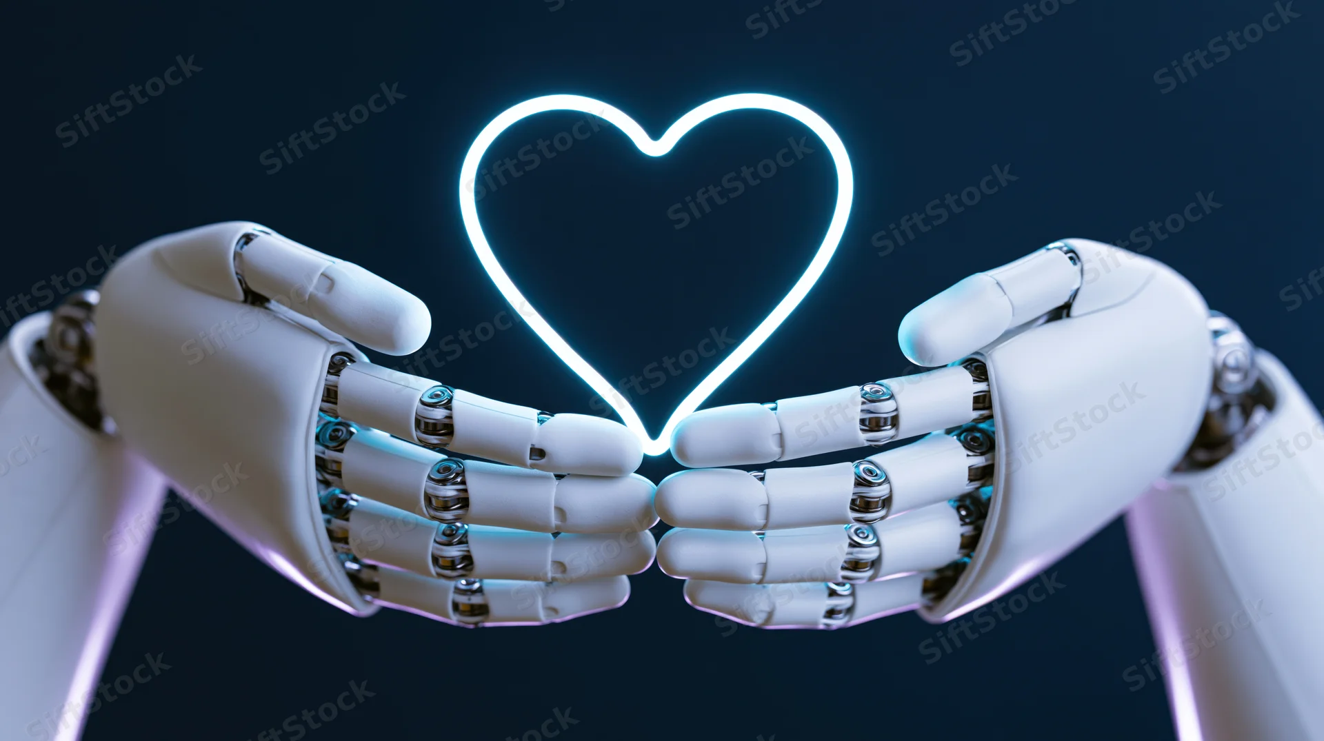Robotic hands cupping a glowing neon heart against dark background