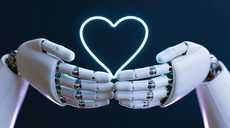 Robotic hands cupping a glowing neon heart against dark background