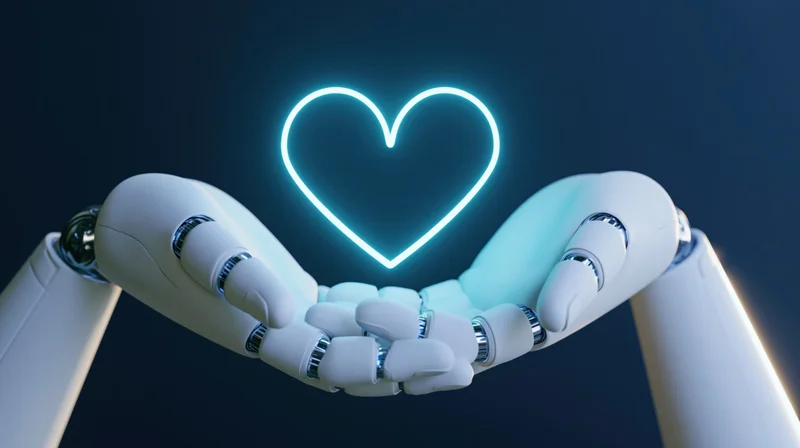 Robotic hands cupping a glowing cyan neon heart against a dark background