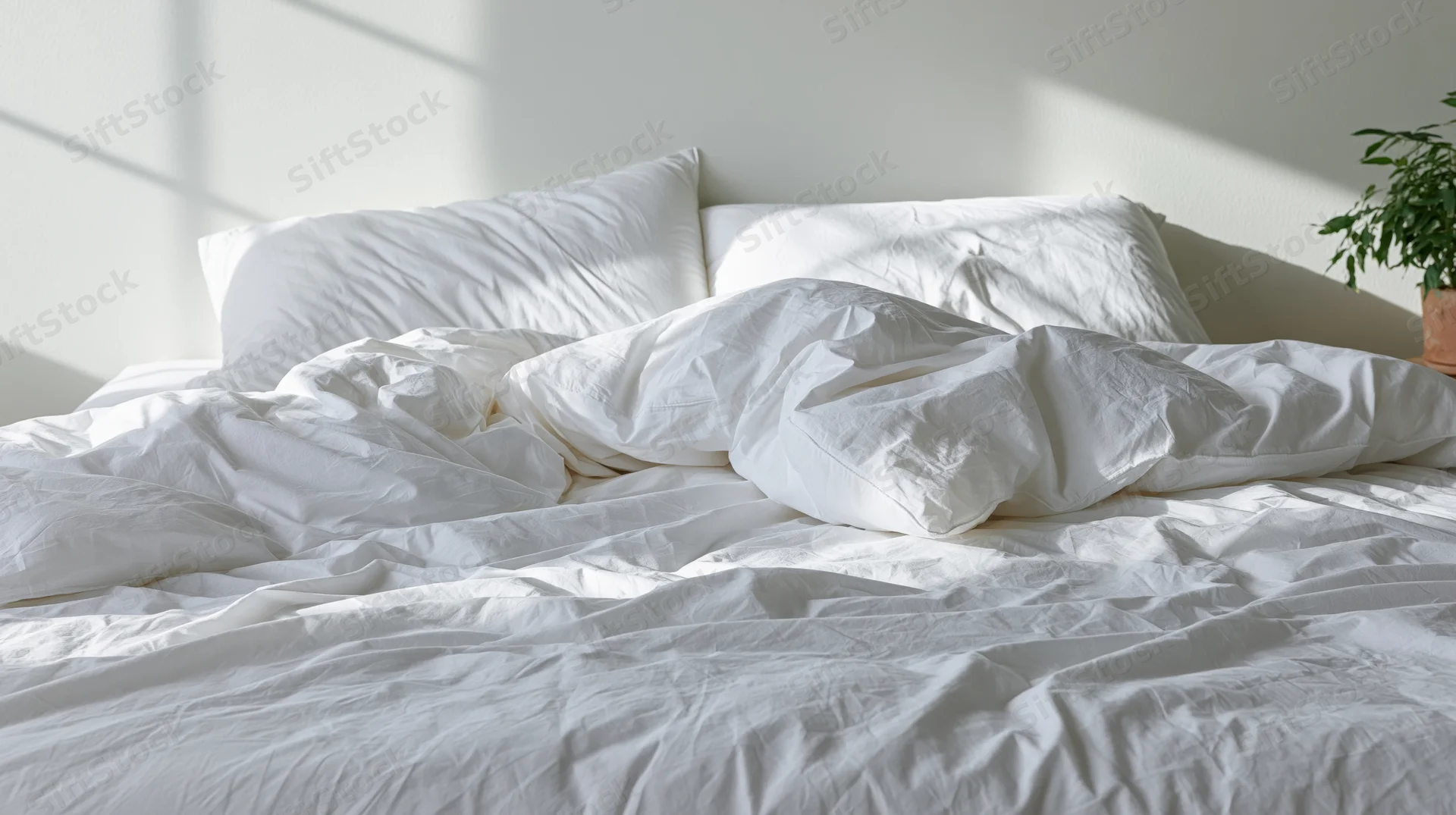 Unmade bed with white sheets and pillows in a sunlit bedroom