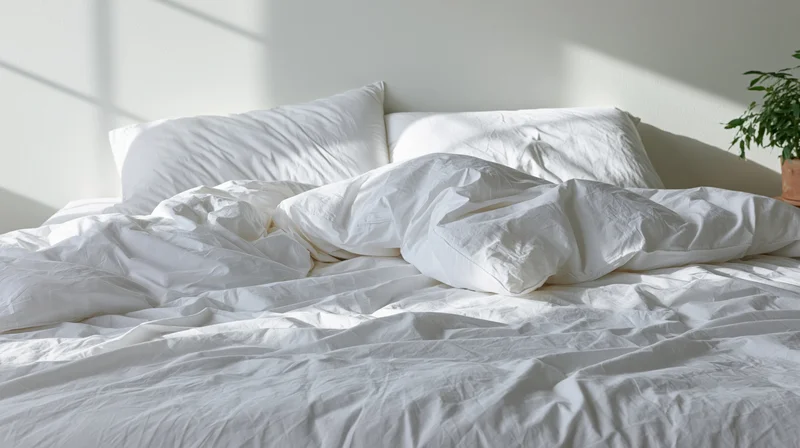 Unmade bed with white sheets and pillows in a sunlit bedroom