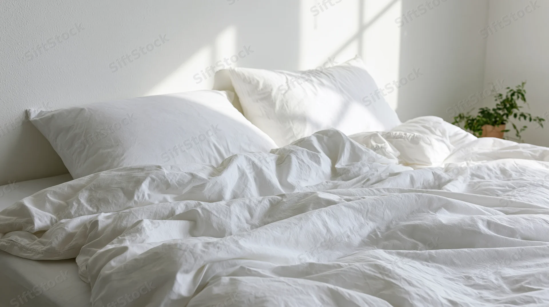 Unmade bed with white pillows and rumpled sheets in a sunlit bedroom