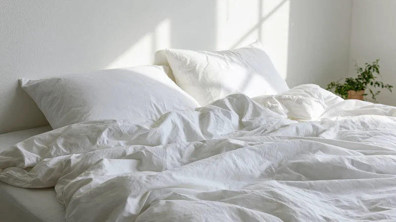 Unmade bed with white pillows and rumpled sheets in a sunlit bedroom