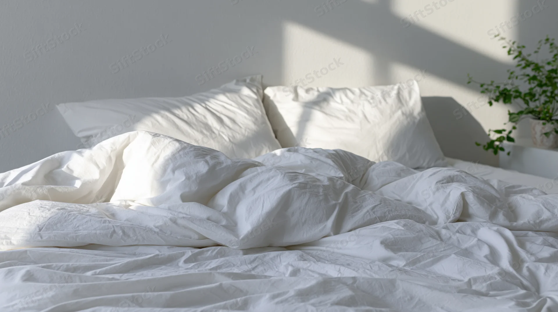 Unmade bed with white pillows and rumpled sheets in a bright bedroom with sunlight and a potted plant