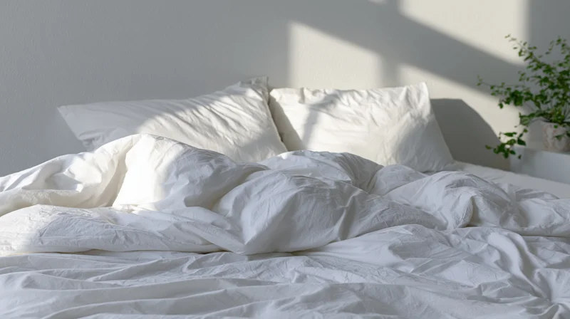 Unmade bed with white pillows and rumpled sheets in a bright bedroom with sunlight and a potted plant