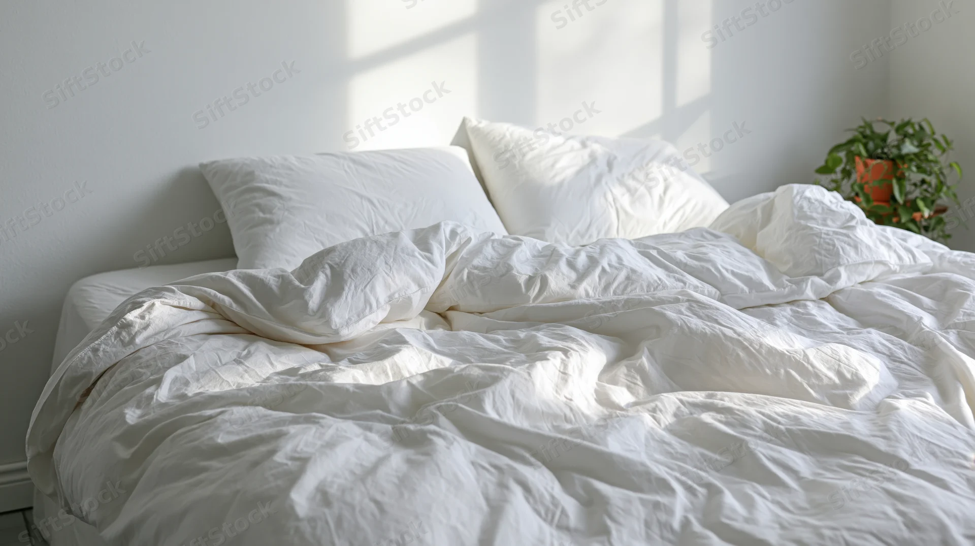 Unmade bed with white pillows and rumpled comforter in a sunlit bedroom with a potted plant nearby