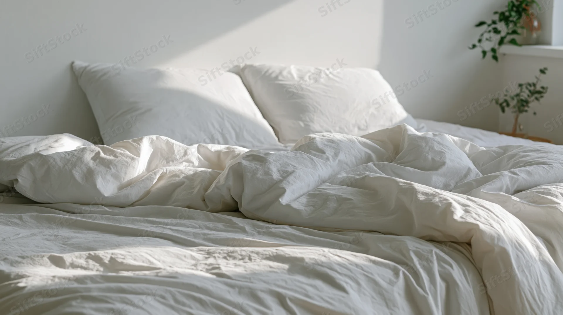 Unmade bed with rumpled white bedding and two pillows in a bright bedroom