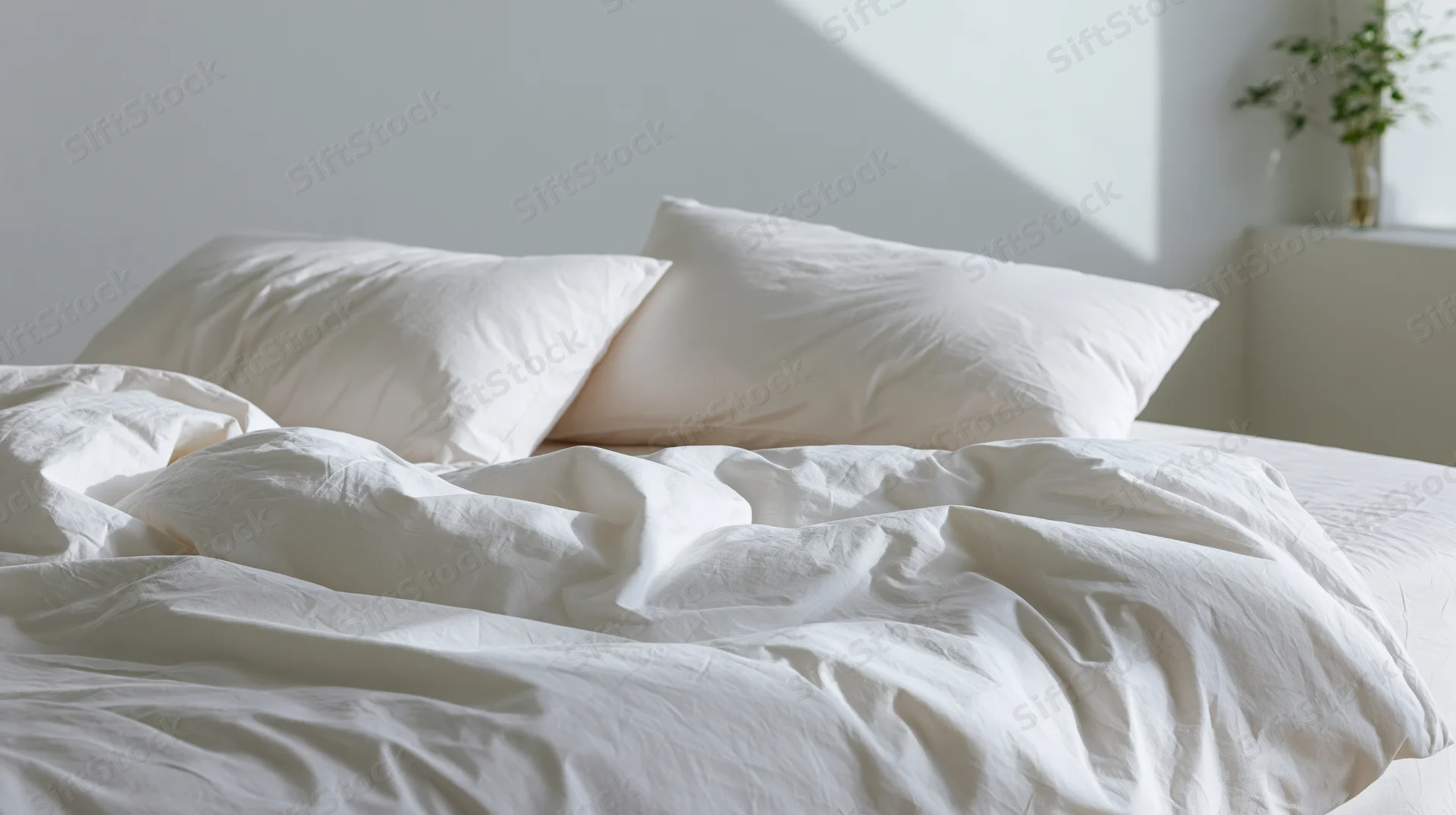 Unmade bed with white pillows and rumpled sheets in a bright bedroom