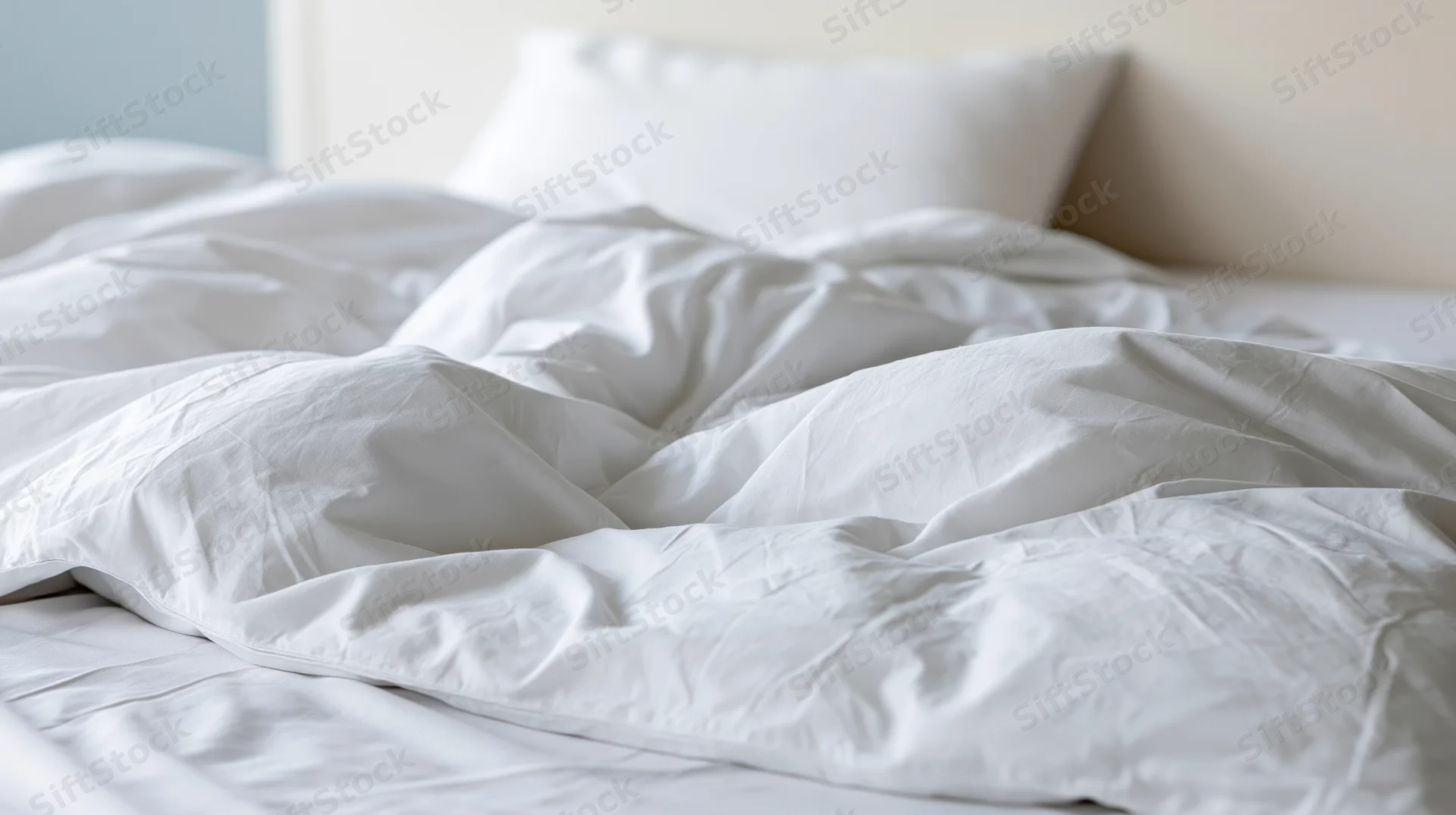 Unmade bed with rumpled white cotton duvet and pillow in a hotel bedroom
