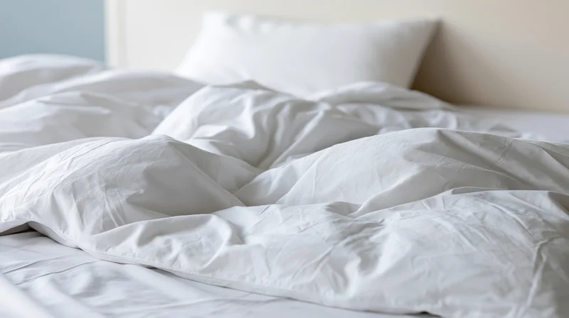 Unmade bed with rumpled white cotton duvet and pillow in a hotel bedroom