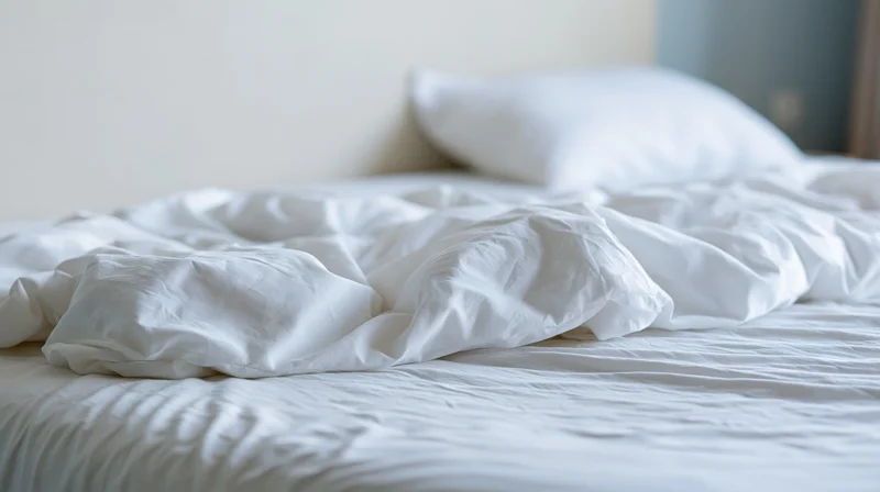 Unmade bed with rumpled white cotton duvet and sheets in a hotel room