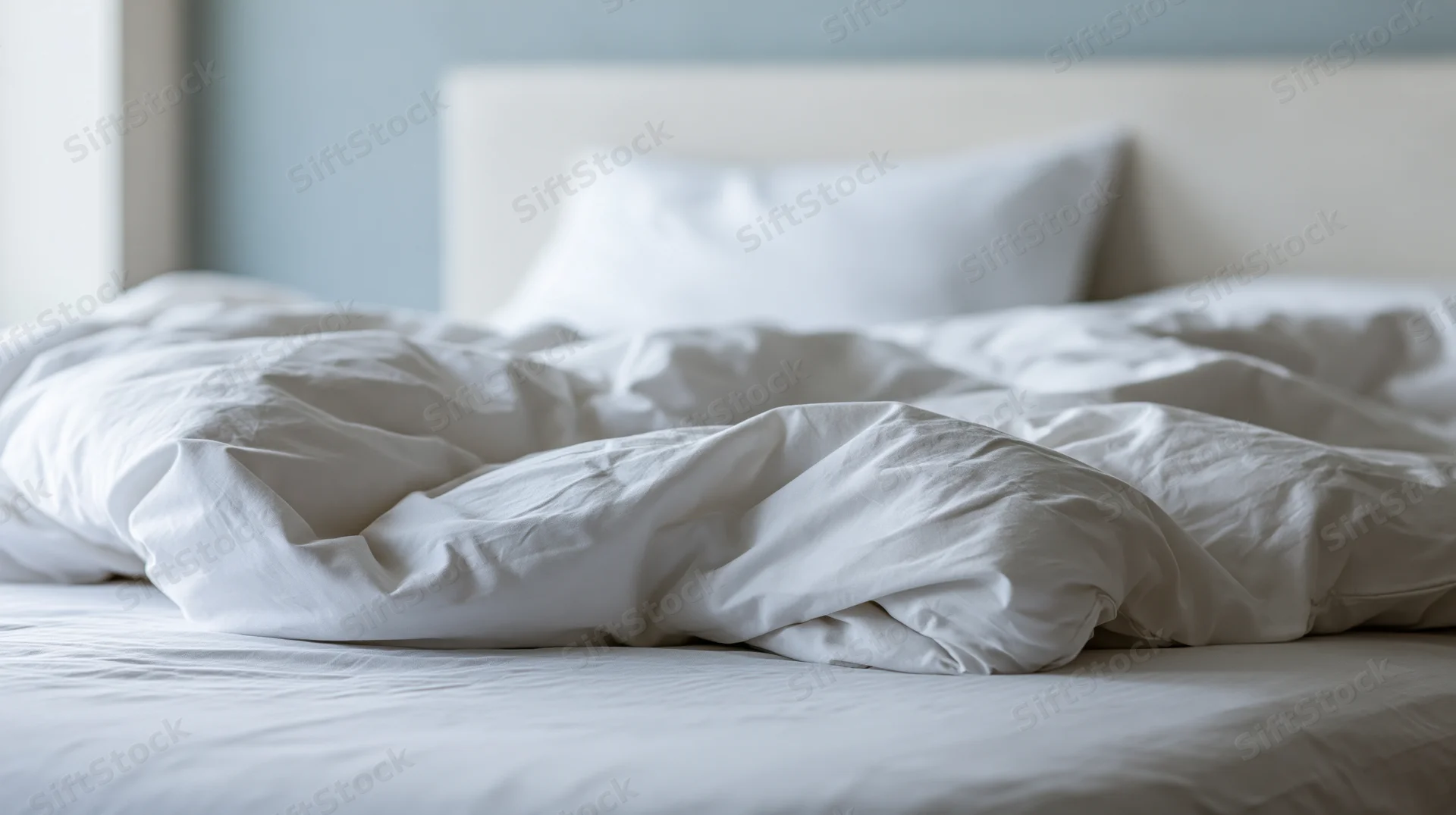 Unmade bed with rumpled white cotton duvet in a hotel bedroom