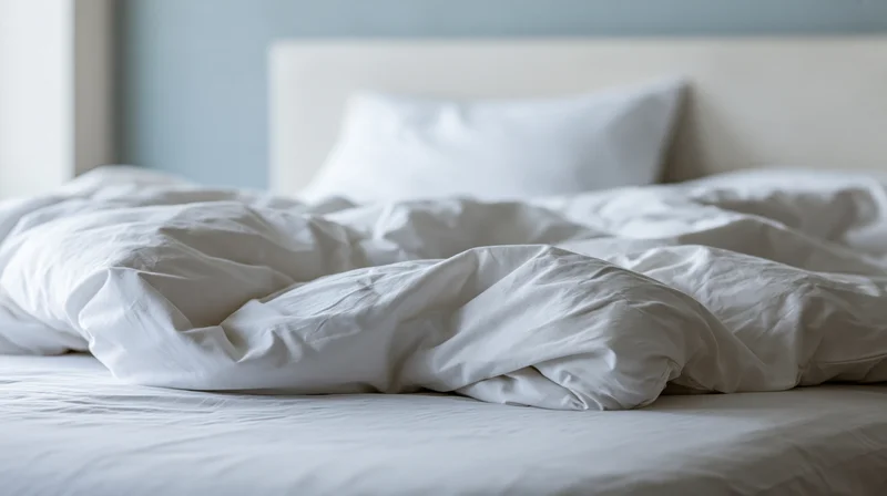 Unmade bed with rumpled white cotton duvet in a hotel bedroom