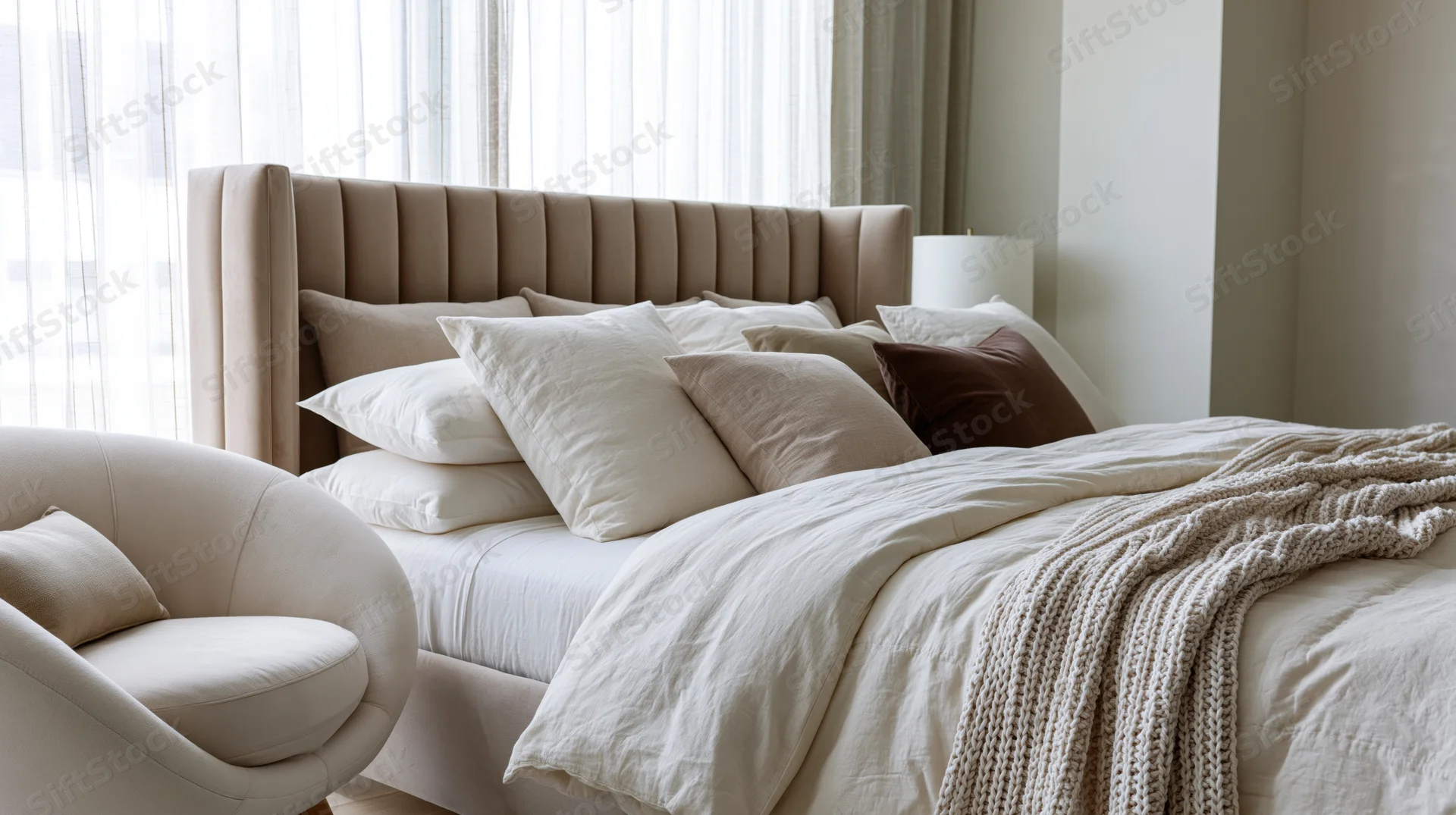 Upholstered king bed with tall channeled headboard in taupe, dressed with white linens and beige pillows, beside a round armchair in a bright bedroom