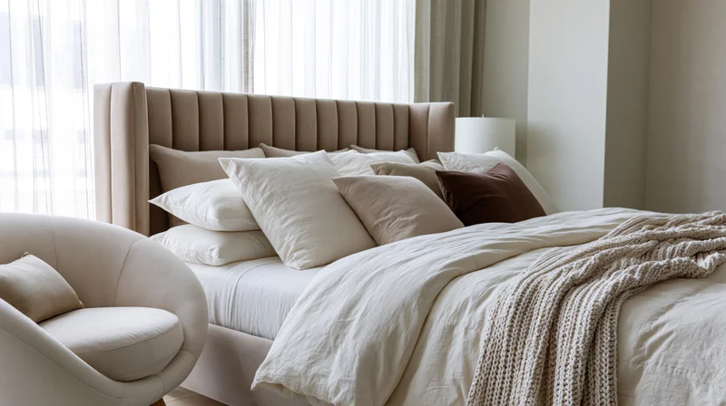 Upholstered king bed with tall channeled headboard in taupe, dressed with white linens and beige pillows, beside a round armchair in a bright bedroom