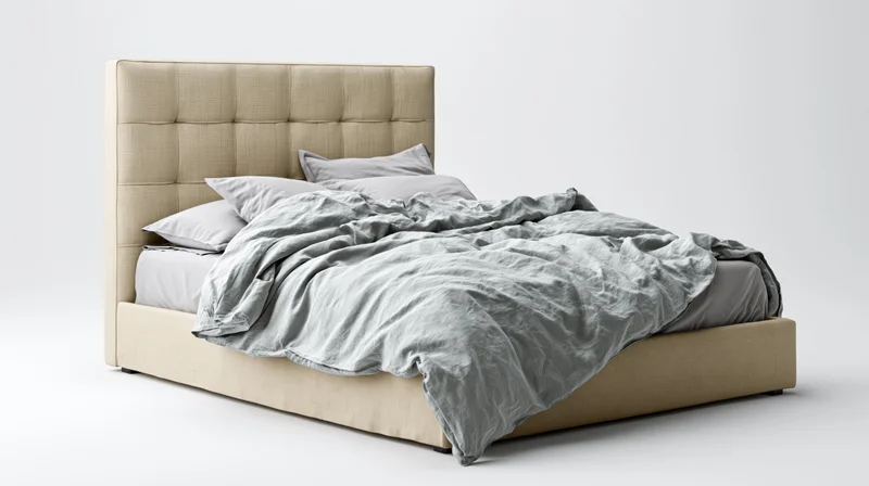 Upholstered queen bed with tufted beige linen headboard and gray comforter on white background