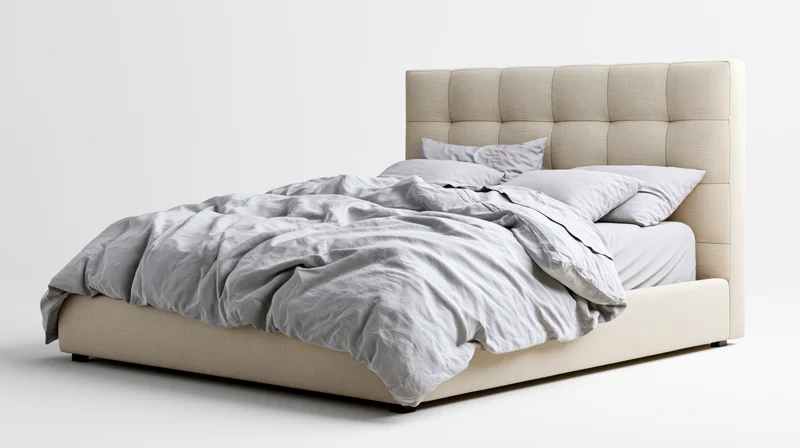Beige upholstered queen bed with tufted headboard and gray bedding on white background