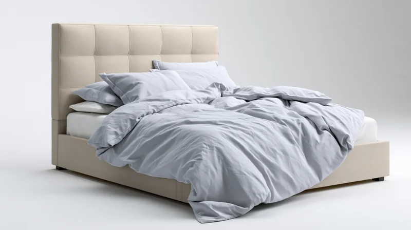 Upholstered queen bed with tall grid-tufted beige linen headboard and rumpled gray bedding on white background
