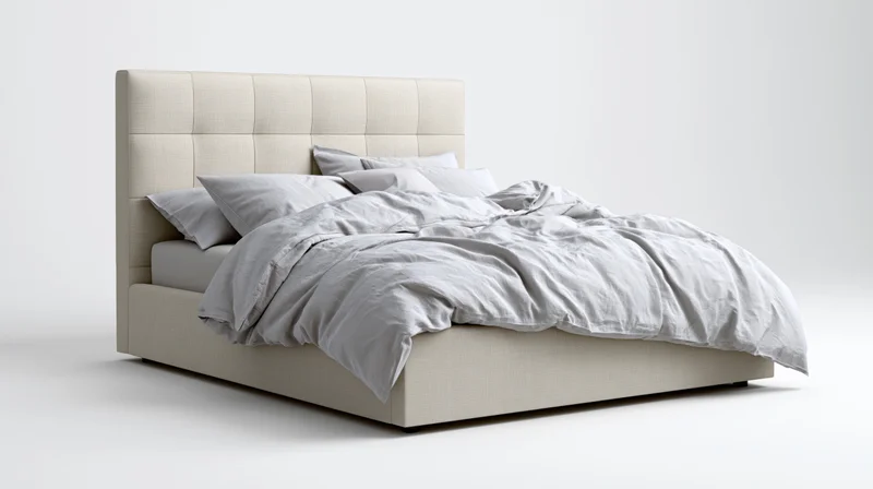 Beige upholstered queen bed with tufted headboard and rumpled bedding on white background