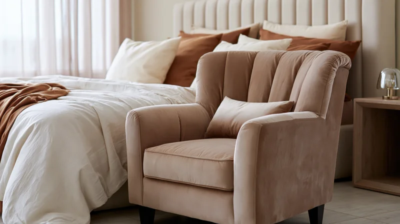 Taupe velvet armchair with small cushion beside bed in bedroom