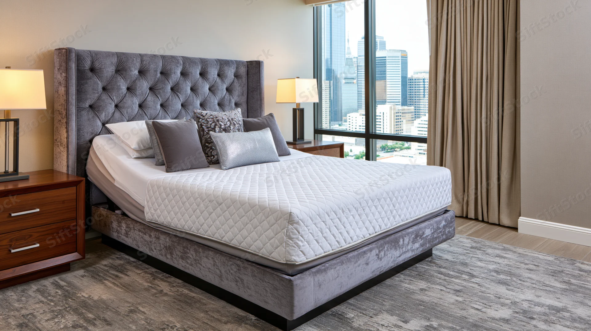 Adjustable base bed with tufted headboard and city view in upscale hotel bedroom