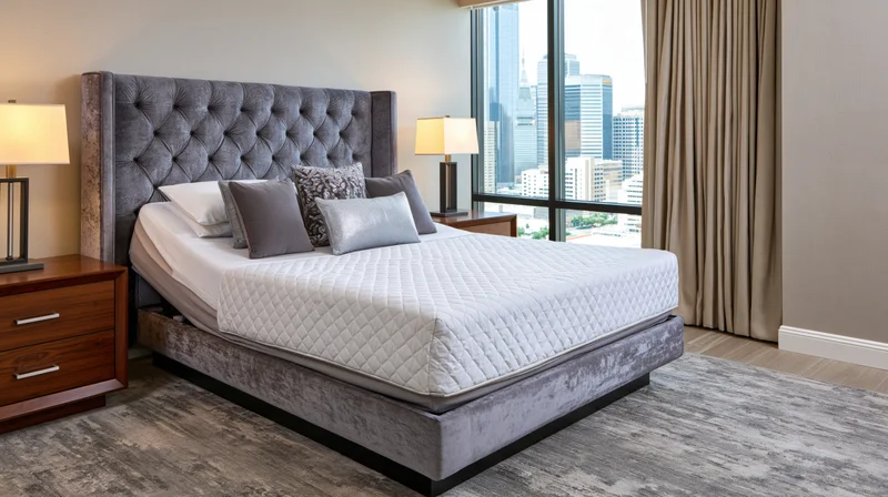 Adjustable base bed with tufted headboard and city view in upscale hotel bedroom