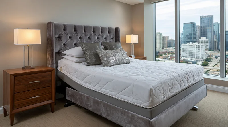 Adjustable base bed with tufted headboard and city view in upscale hotel bedroom
