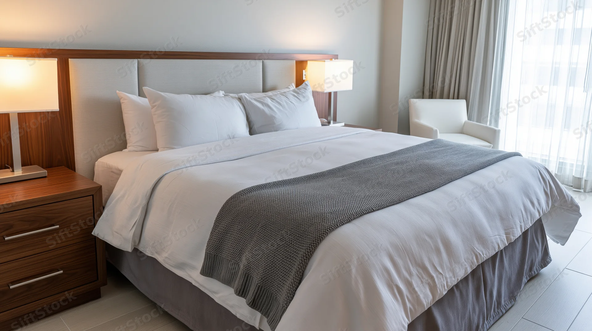 King bed neatly made in upscale hotel guest room with wooden nightstands and lamps