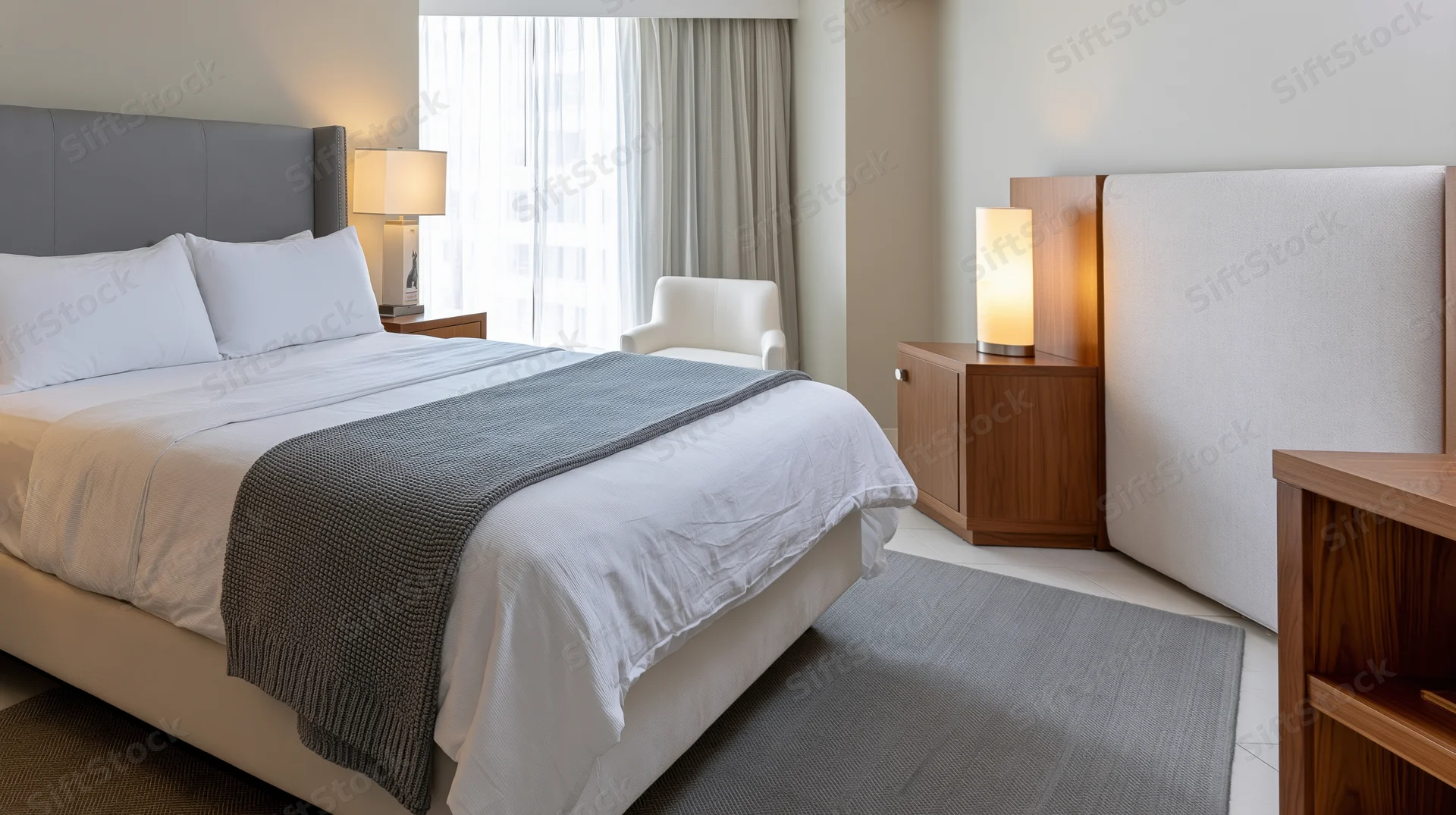 King bed with white linens and gray throw in a modern hotel guest room with wooden furniture and soft lighting