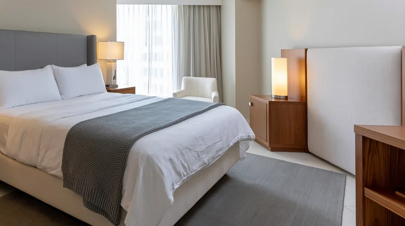 King bed with white linens and gray throw in a modern hotel guest room with wooden furniture and soft lighting
