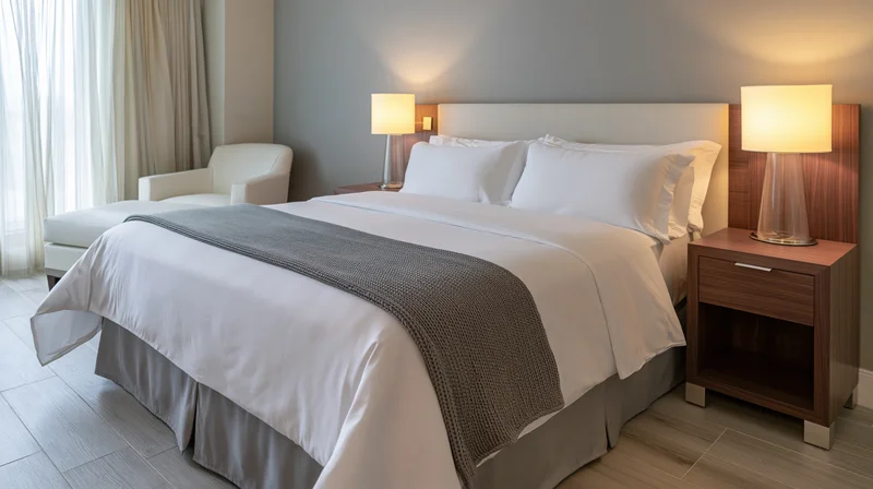 Neatly made king bed with white linens and gray throw in a modern upscale hotel guest room