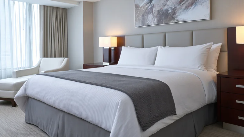 Neatly made king-size bed in a modern upscale hotel bedroom with white linens and gray accents