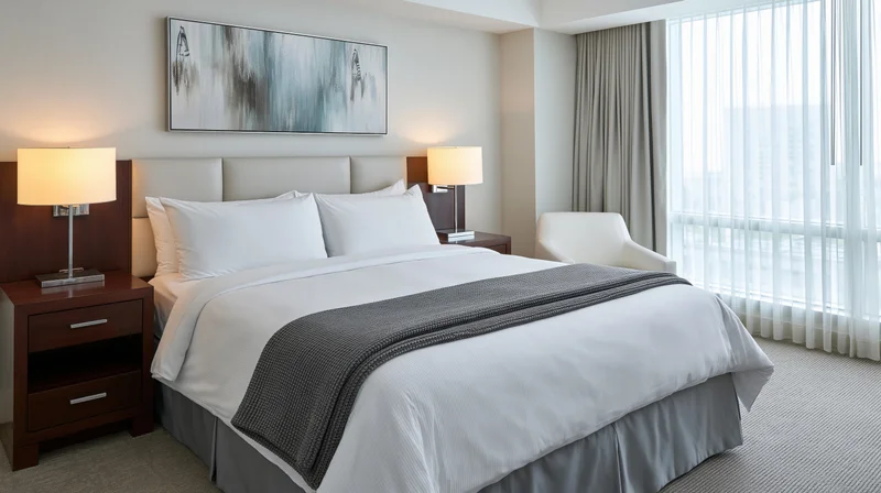 King-size bed with white linens and gray throw in a modern upscale hotel bedroom with city view through large window