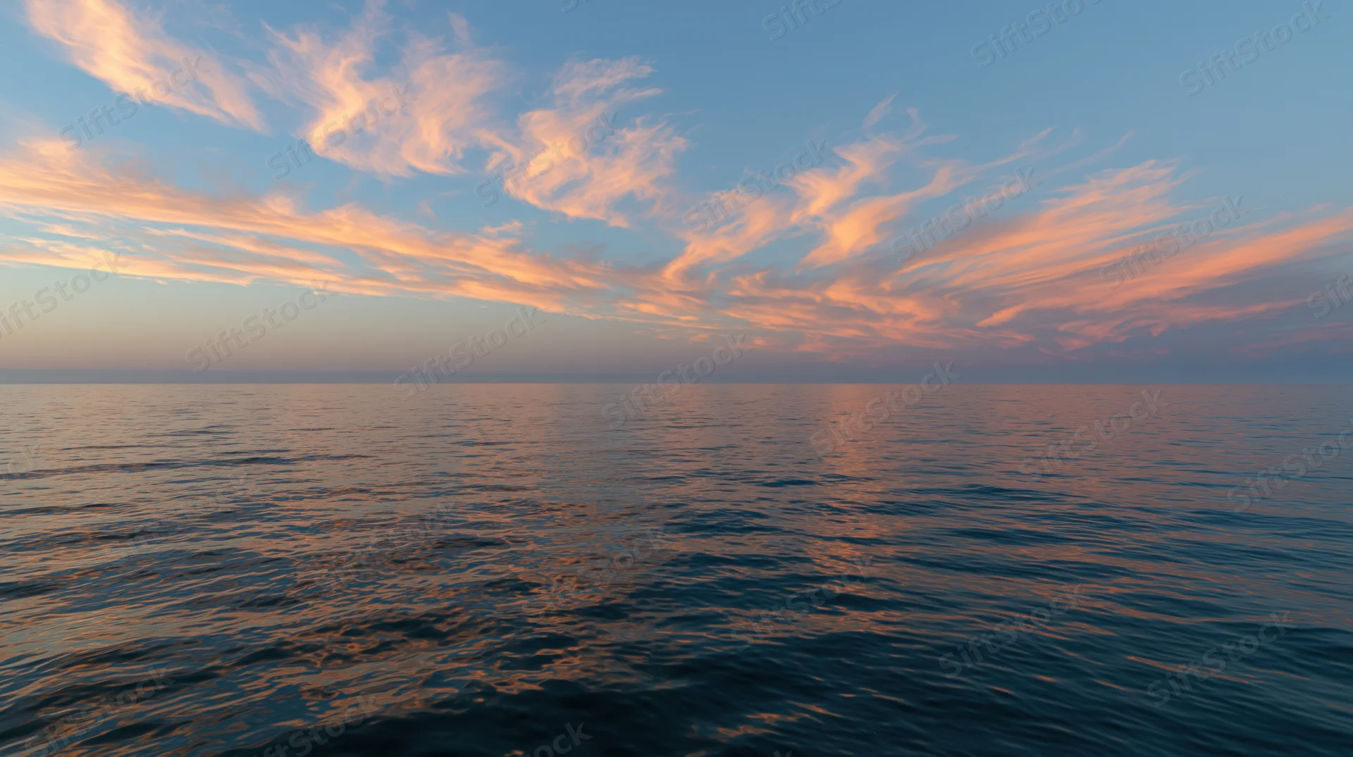 Vast open ocean at dusk with wispy clouds reflecting in calm water