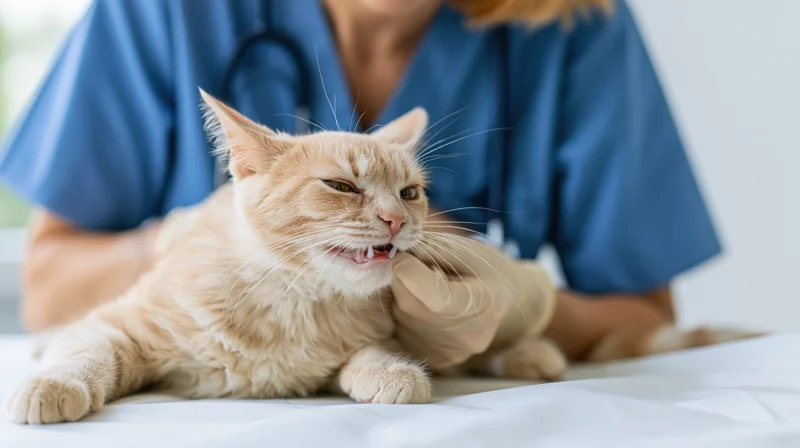 Veterinarian examining a ginger cat on a clinic table